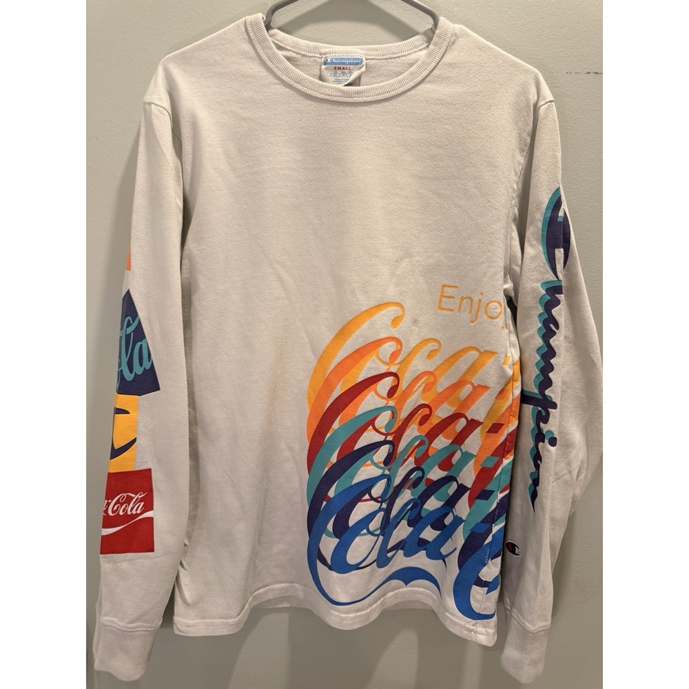 CHAMPION x COCA COLA Limited Edition Long Sleeve White Graphic T Shirt Mens Sz S